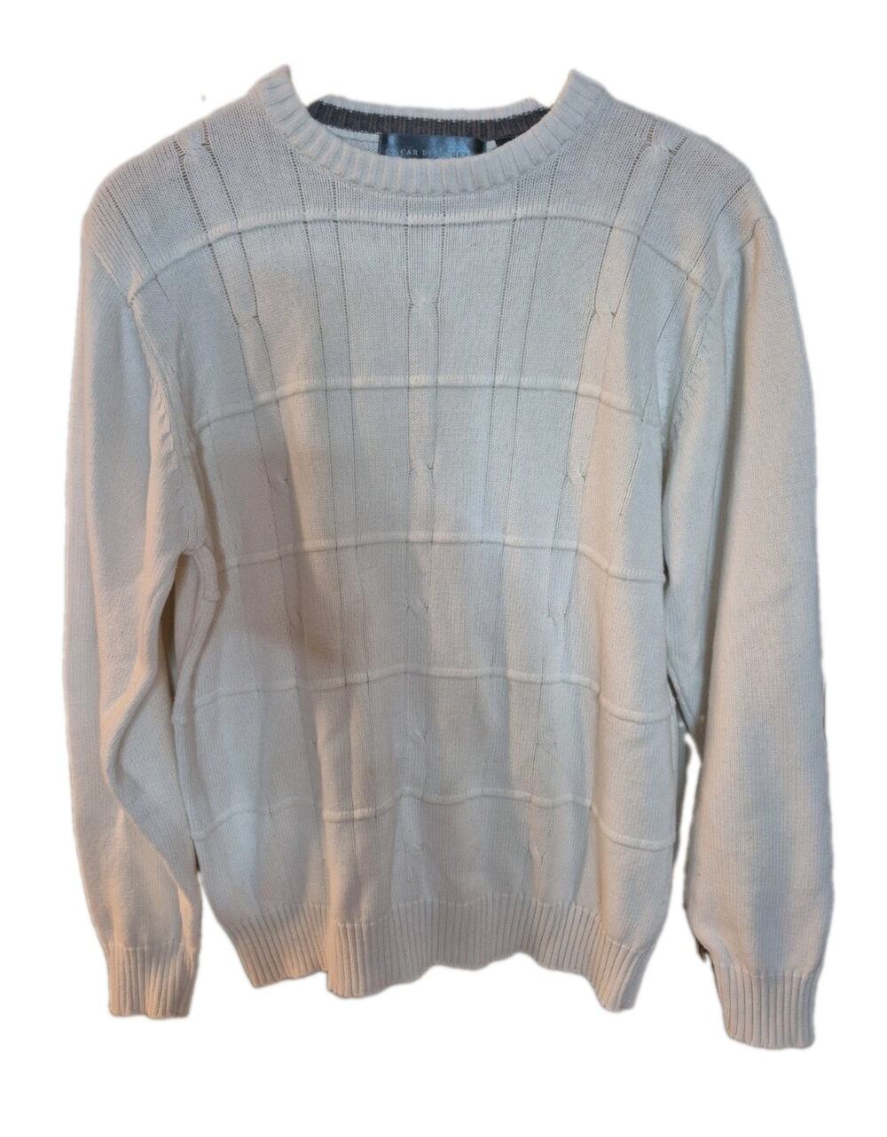 Oscar De La Renta Mens L Long Sleeve Ivory Knit Crew Neck Sweater Cotton Preppy